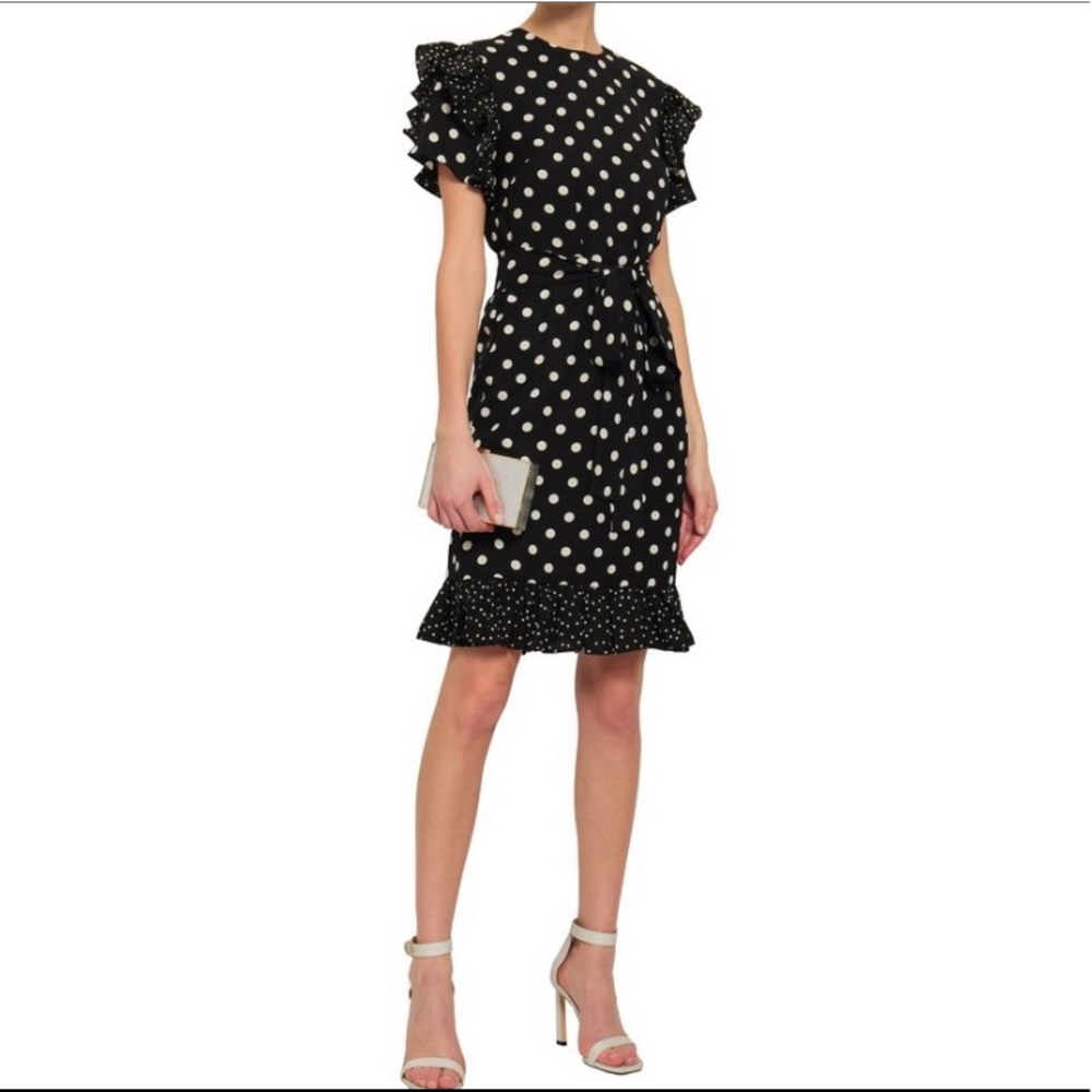 Mikael Aghal Belted Ruffle-trimmed Polka-dot Dress